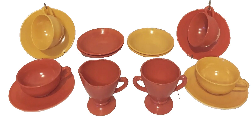 Hazel Atlas OVIDE Coffee Set & Berry Bowls Yellow Orange 14 Piece 1950s MCM VTG